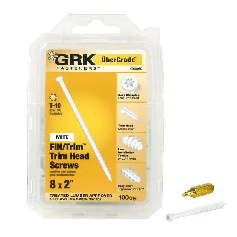 GRK #8 Finishing Screws White | 2-Inch | Trim Head | Steel | Pack of 100